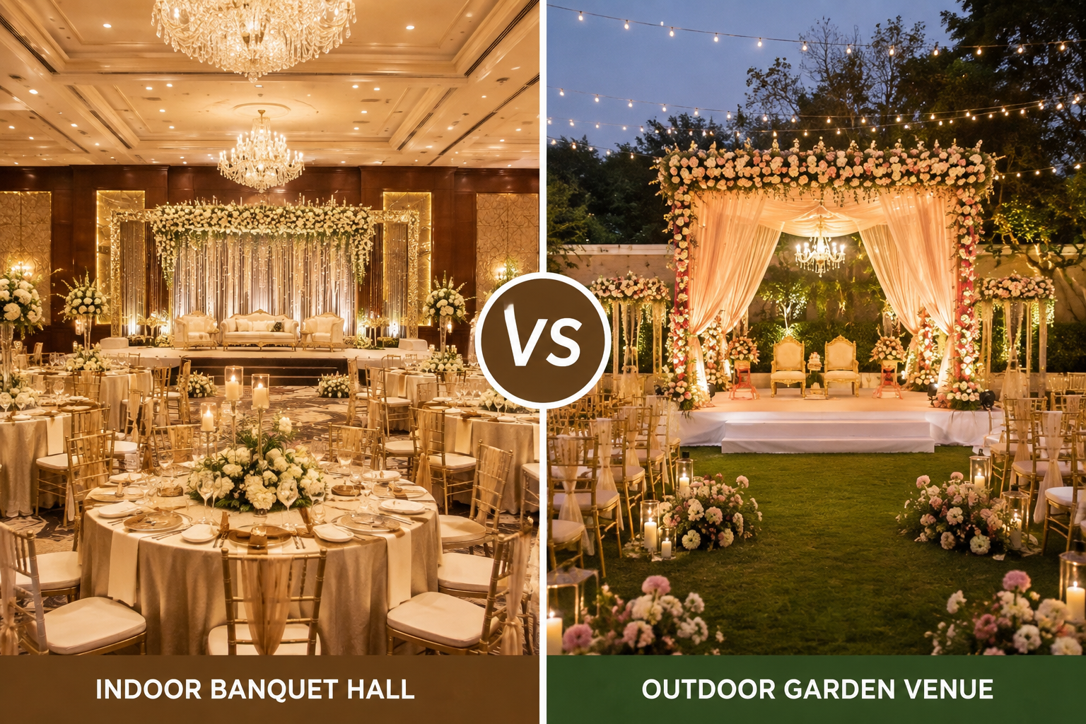 Comparison of an indoor banquet hall and an outdoor garden wedding venue